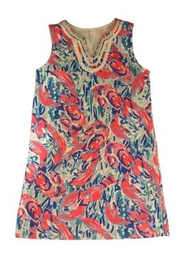 Lilly Pulitzer Coral & Blue Floral Sleeveless Shift Dress with Beaded Neck